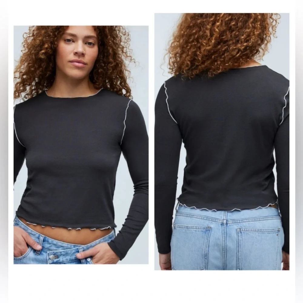 New Madewell Contrast Stitched Crewneck Crop Lightweight Tee Shirt Black Coal M - Picture 11 of 11